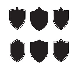 Classic metal shield set icons offer heraldic protection and security