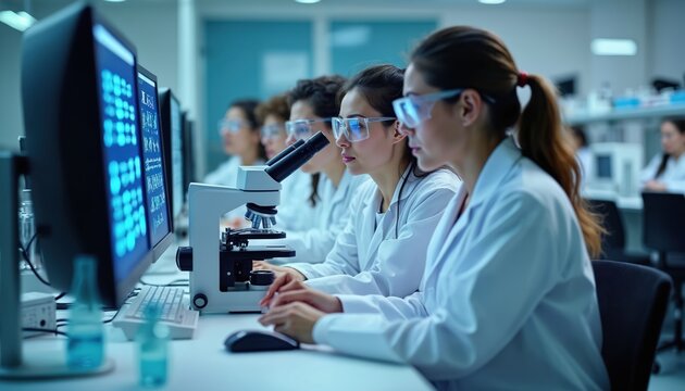 Team of scientists in genetics lab conducting CRISPR research. Researchers analyzing data on computer screens, using microscope, collaborating. Science, tech, medical innovation, genetic engineering,