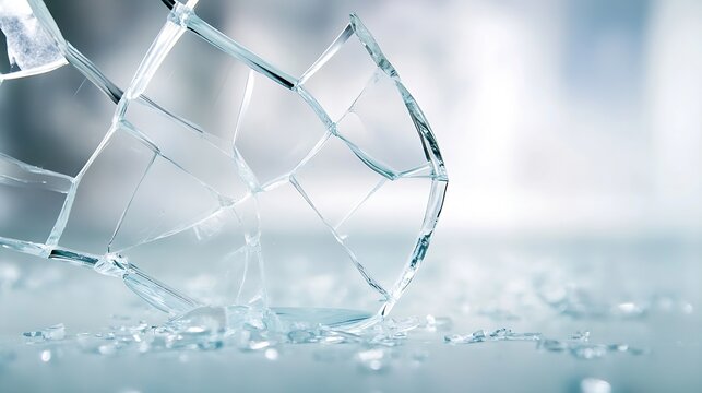 Close up of a shattered glass cup with sharp pieces on a reflective surface : Generative AI