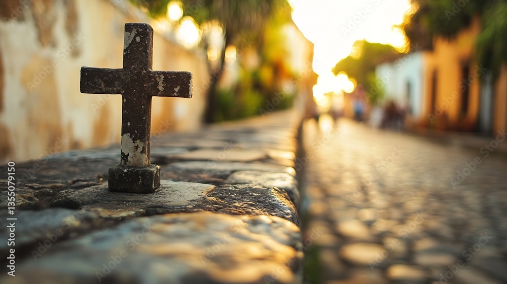 Poster Ancient stone cross stands prominently on a cobblestone path illuminated by soft sunset light : Generative AI