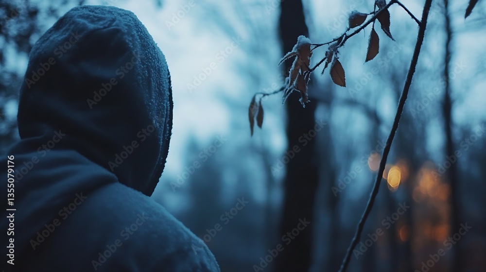 Aufkleber mysterious figure in a frosty forest landscape with blurred trees in the background and soft natural