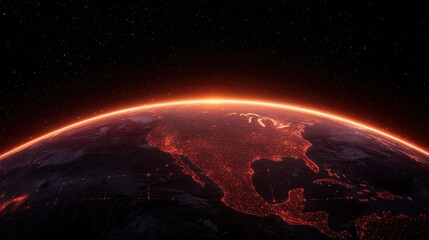 Naklejka premium Fiery Sunrise Over Earth From Space Digital Rendering of City Lights at Night