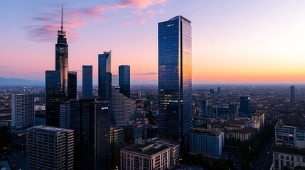 Fototapeta premium Stunning aerial view of modern skyscrapers during sunset in a bustling city skyline : Generative AI