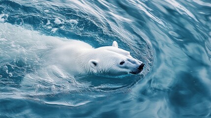 Majestic polar bear swimming in icy waters.  A powerful, white bear glides through the frigid waves, its sleek form effortlessly cutting through the water. 