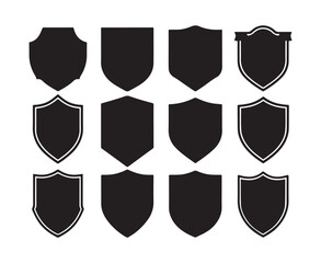 Classic metal shield set icons offer heraldic protection and security