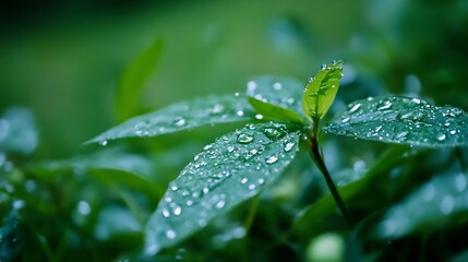 Closeup of fresh green leaves with water droplets symbolizing nature and freshness : Generative AI