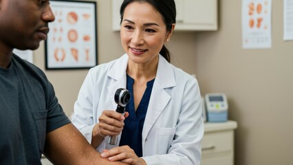 Fototapeta premium Asian dermatologist examines African-American patient's skin condition in medical office. Doctor uses dermatoscopy tool to diagnose vitiligo, showing health, diversity, trust and support.