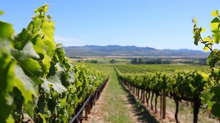 Naklejka premium Vineyard landscape showcasing rows of lush green grapevines stretching into the distance under a bright sky : Generative AI