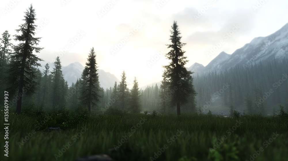 Poster serene mountain landscape with tall pine trees under soft sunlight and misty atmosphere : generative