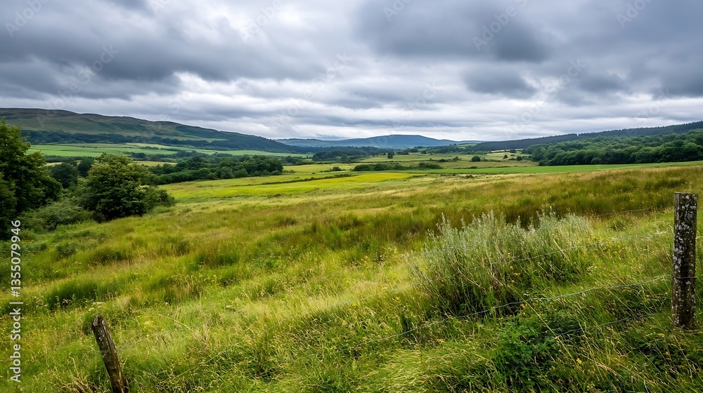 Poster Captivating Landscape of Lush Green Fields Under a Dramatic Cloudy Sky with Rolling Hills in the Background : Generative AI