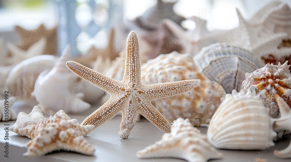 Poster A beautiful collection of various seashells including a starfish displayed on a wooden surface : Generative AI