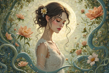 Beautiful bride posing in a magical garden with glowing flowers and full moon