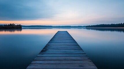 Fototapeta premium Picturesque wooden pier extending into calm waters at sunset surrounded by tranquil nature scenery : Generative AI