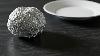 Tinfoil ball next white plate on dark wood table, showcasing shiny reflective surfaces. Studio shot highlights minimalist aesthetic kitchenware table setting.