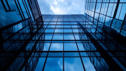 Dramatic Perspective of Modern Building Facades Reflecting Sky and Clouds : Generative AI