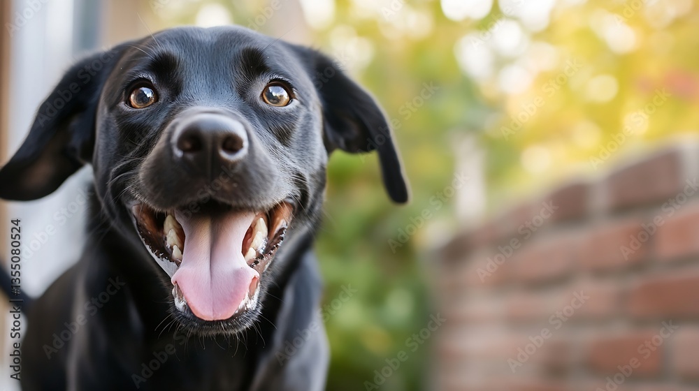 Poster happy black labrador retriever dog smiling playfully in a gorgeous outdoor setting : generative ai