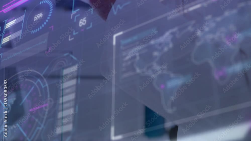 Poster displaying animation of digital interface with world map and data analytics