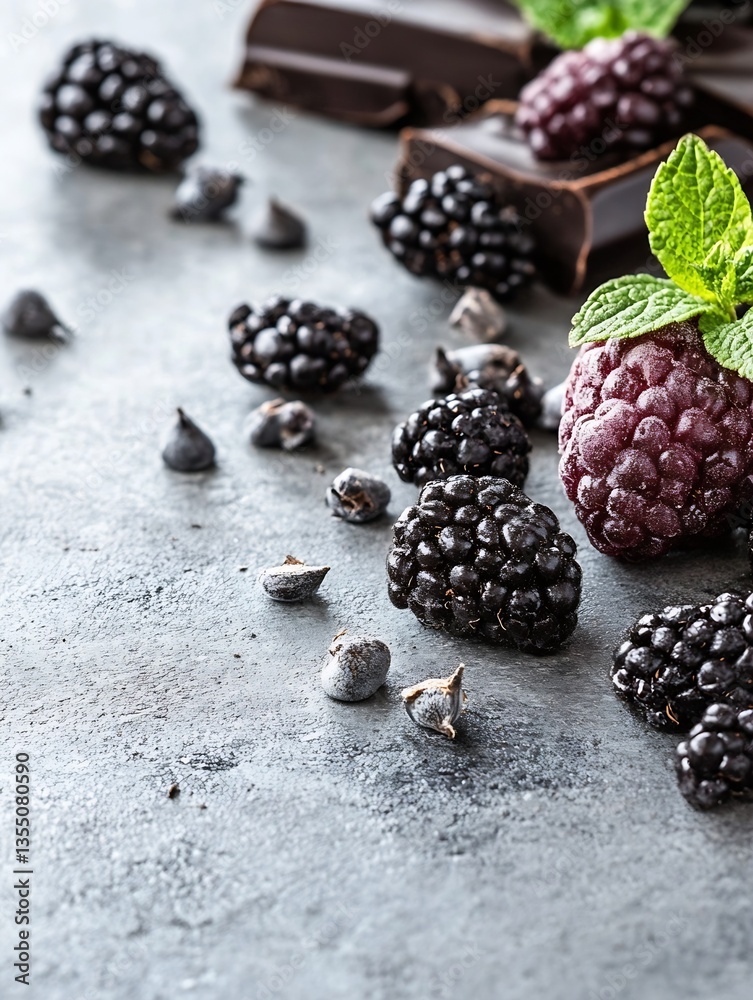 Poster fresh blackberries and raspberries artistically arranged with dark chocolate on a rustic surface : g