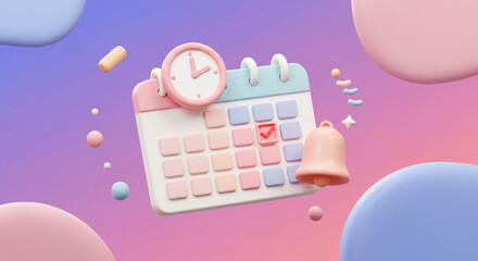 A pastel calendar with a clock and bell, symbolizing timely reminders and scheduled events, playfully floating amidst soft, colorful blobs.