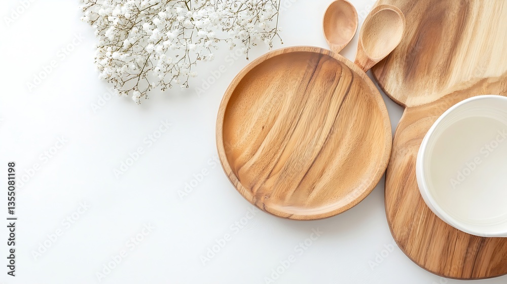 Aufkleber Stylish wooden serving platters and bowl arranged with delicate flowers on a minimalist table setting : Generative AI