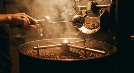 Artisan Coffee Roasting Process - Close-up of hands expertly roasting coffee beans in a traditional roaster, steam rising. Rich, warm tones