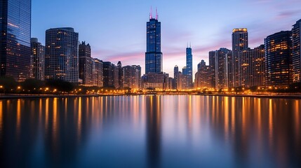 Naklejka premium Dramatic Cityscape of Chicago Skyline at Dusk with Glittering Lights Reflected in Calm River : Generative AI