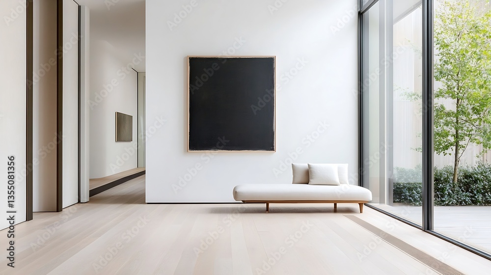 Poster modern minimalist interior design showcasing a spacious room with a large window and a stylish bench