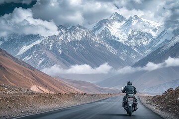Motorcycle rider on asphalt road facing snow mountain and cloudy sky at Leh Ladakh