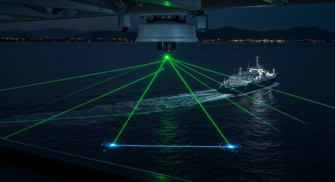 Autonomous Ship Navigation System LIDAR Scan - Autonomous vessel, LIDAR technology, safety, precision, maritime navigation. Advanced sensor scans surroundings for safe passage