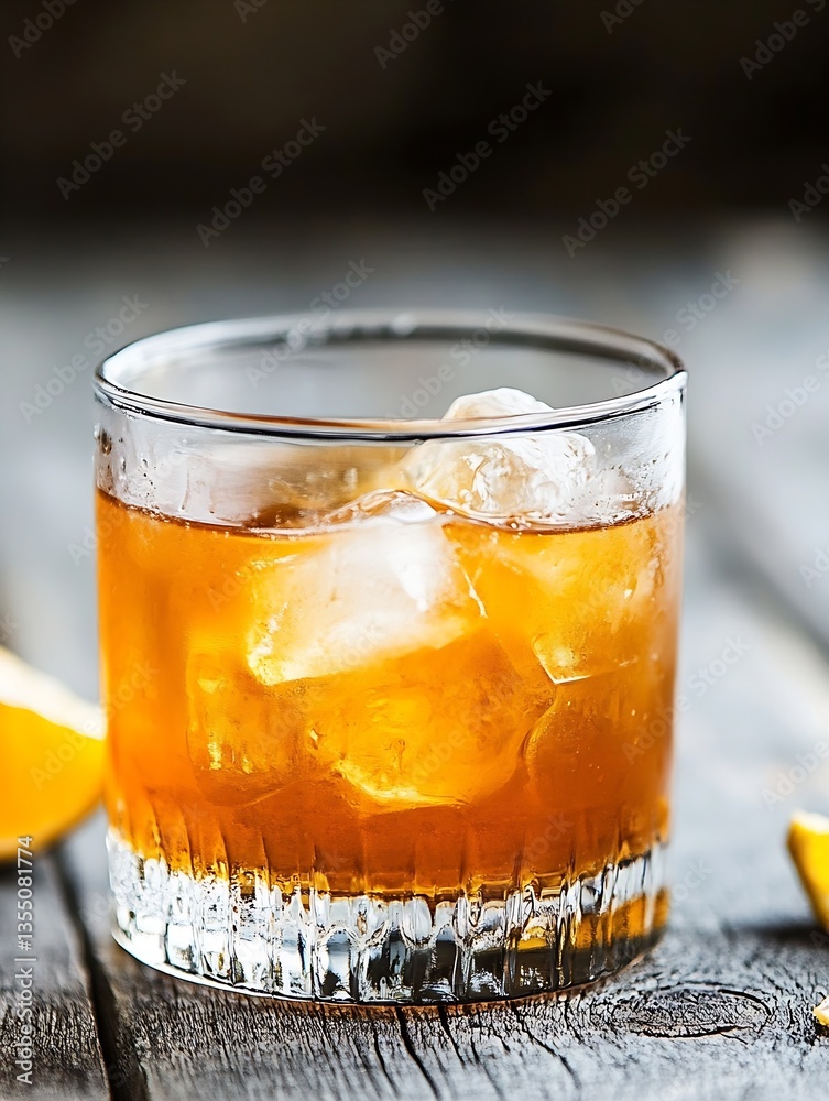 Poster Refreshing whiskey cocktail with ice in a glass on rustic wooden table setting : Generative AI