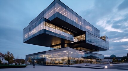 Fototapeta premium Modern architectural masterpiece with intricate glass design in an urban setting at dusk : Generative AI