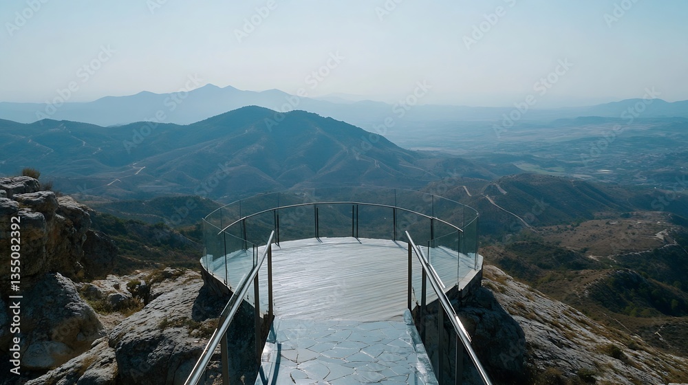 Poster spectacular panoramic view from a glass observation deck overlooking vast mountains and valleys unde