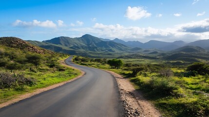 Winding Road Surrounded by Lush Green Landscape and Majestic Mountains Under Clear Sky : Generative AI
