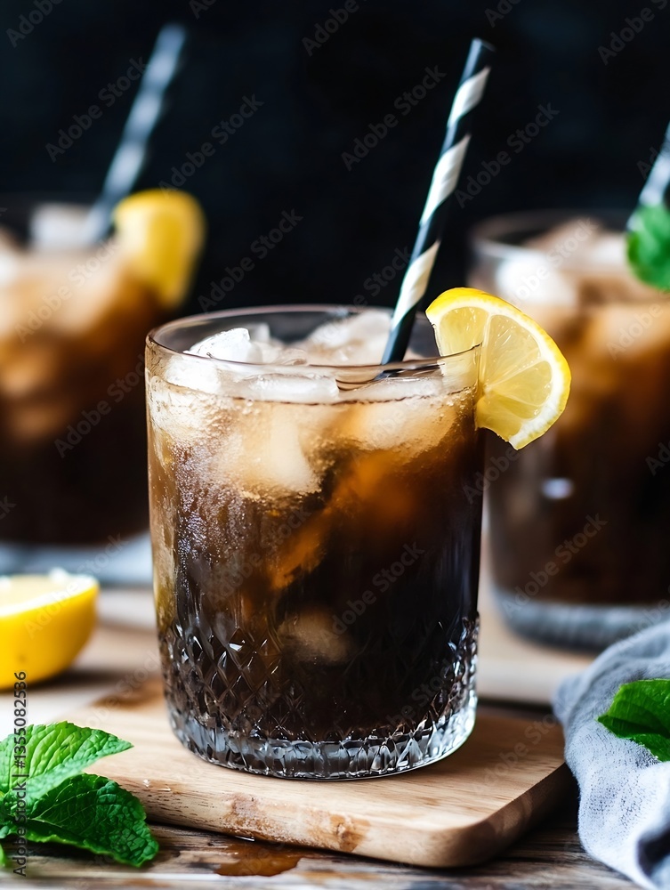 Poster refreshing iced beverage with lemon slice and mint on a wooden board for thirst quenching summer fun