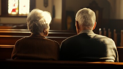 A senior couple, viewed from behind, sit closely together in a church pew, bathed in soft light. The image conveys themes of companionship, faith, and reflection in a peaceful, spiritual setting.. AI