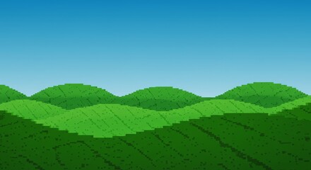 Bit Pixelated Green Hills Landscape - Serene, idyllic, pixel art, gaming background, nature. Represents tranquility, adventure, and artistry
