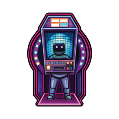 Fototapeta premium Design a vibrant retro arcade game character, bathed in neon pink and blue lights, showcasing pixel art style details. Include glowing accents.