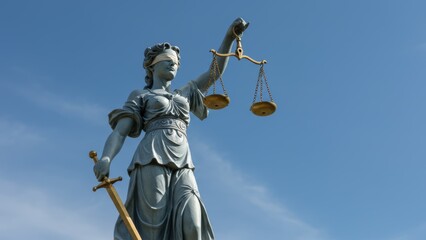 Statue of Lady Justice with scales, sword, and blindfold against clear sky. Represents law, fairness, justice. Symbolizes impartiality, equality.