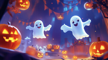 Two cute cartoon ghosts float amidst glowing jack-o'-lanterns and Halloween decorations.