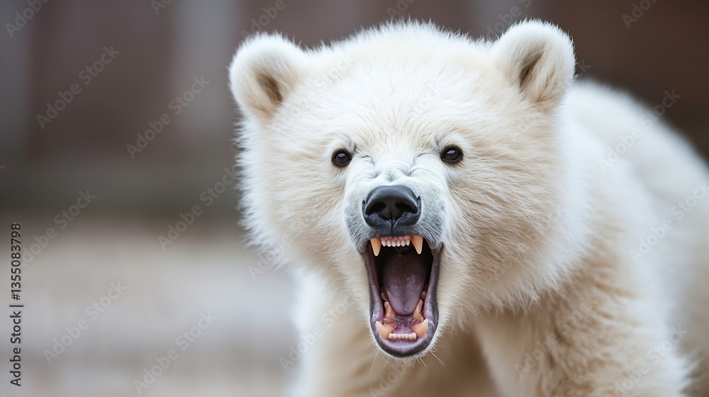 Poster close up of a roaring white bear showcasing its sharp teeth in a dramatic outdoor setting : generati