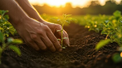 Fototapeta premium Male hands planting seedling in soil at sunset in agricultural field. Concept: agriculture, farming, sustainability, environmental care, and new life.