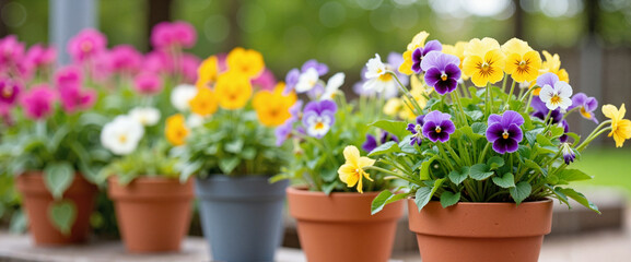 Colorful flowerpots brimming with pansies, vibrant garden beauty