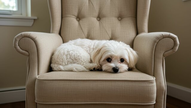 Maltese dog asleep on tan armchair indoors. Dog relaxes in home; promotes concepts: relaxation, animal welfare, comfort. - Powered by Adobe