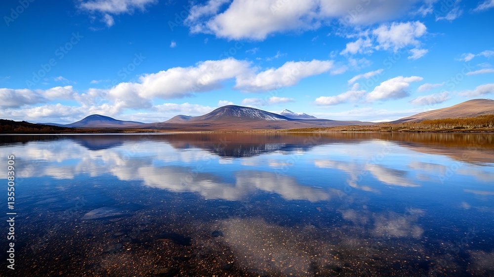 Aufkleber breathtaking reflection of mountains and clouds in serene lake surrounded by natural landscape : gen