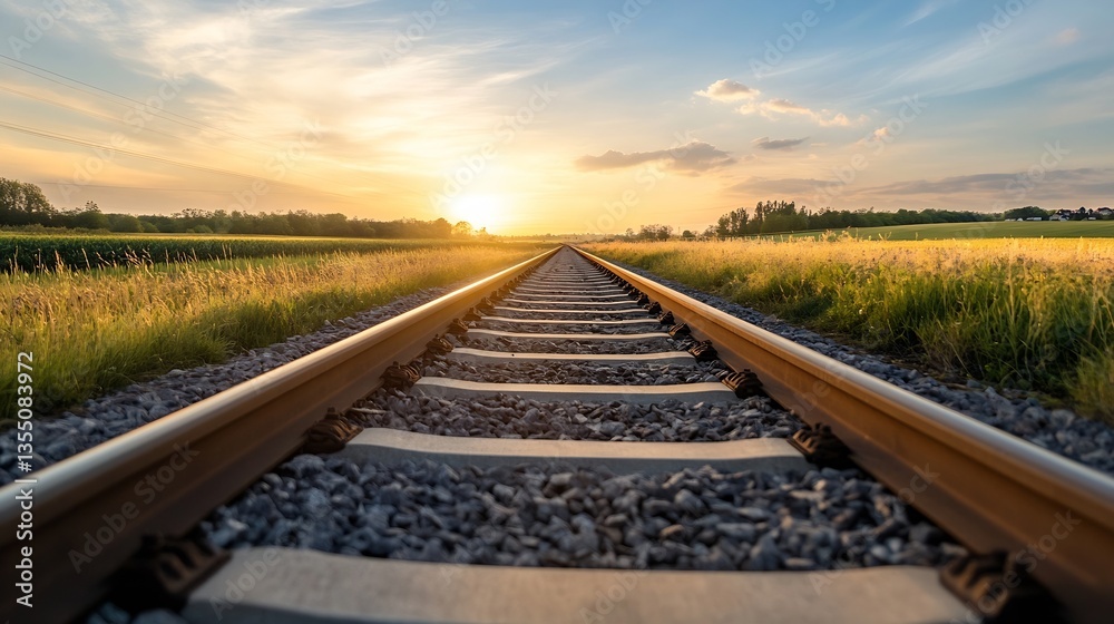 Poster scenic sunset over railway tracks stretching into the horizon surrounded by lush green fields : gene