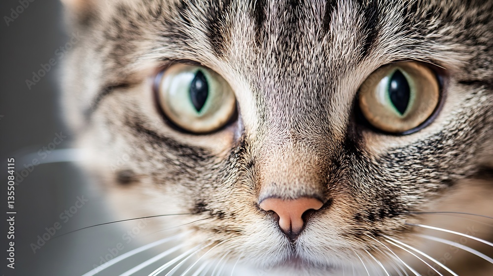 Poster closeup view of a cat's striking face with intense green eyes : generative ai