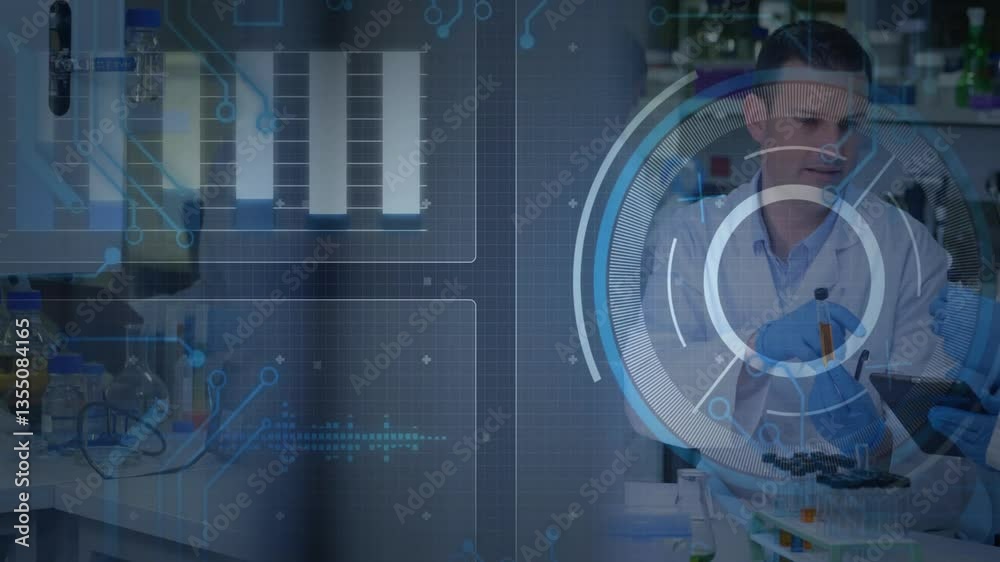 Poster scientist working in laboratory with digital data processing animation overlay