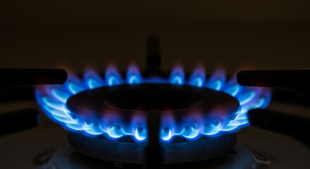 Blue Gas Flame on Stovetop - Close-up of a burning blue gas flame on a kitchen stovetop burner in the dark