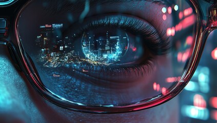 Close-up of the eyes and their reflection in cyberpunk-style glasses,