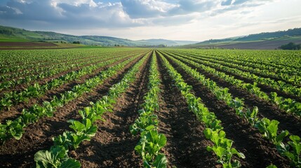 A vast farmland with neatly arranged rows of leafy green crops stretching into the horizon. The fertile soil and vibrant greenery showcase agricultural growth under a bright sky, creating a sense of